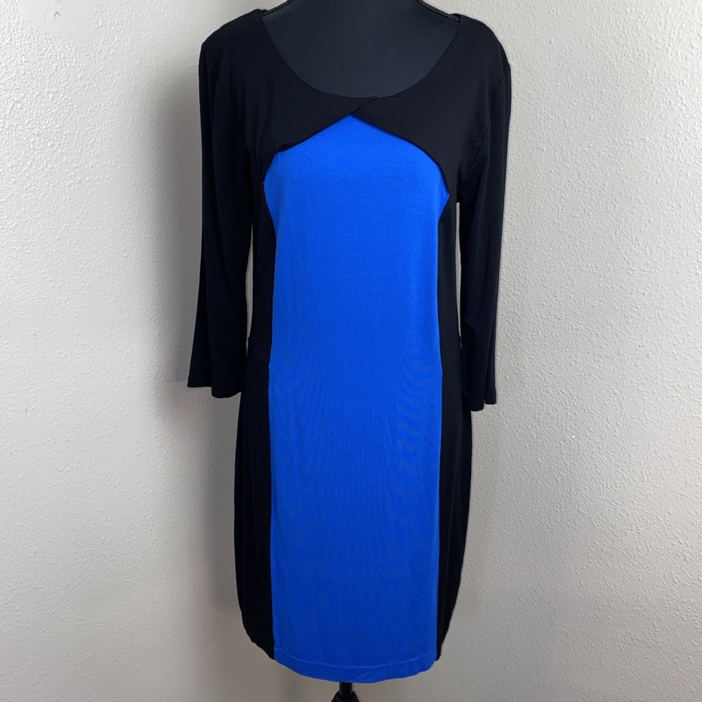 Saint Tropez West Dress Women's Large Blue Black 3/4 Sleeve Stretch Date Night